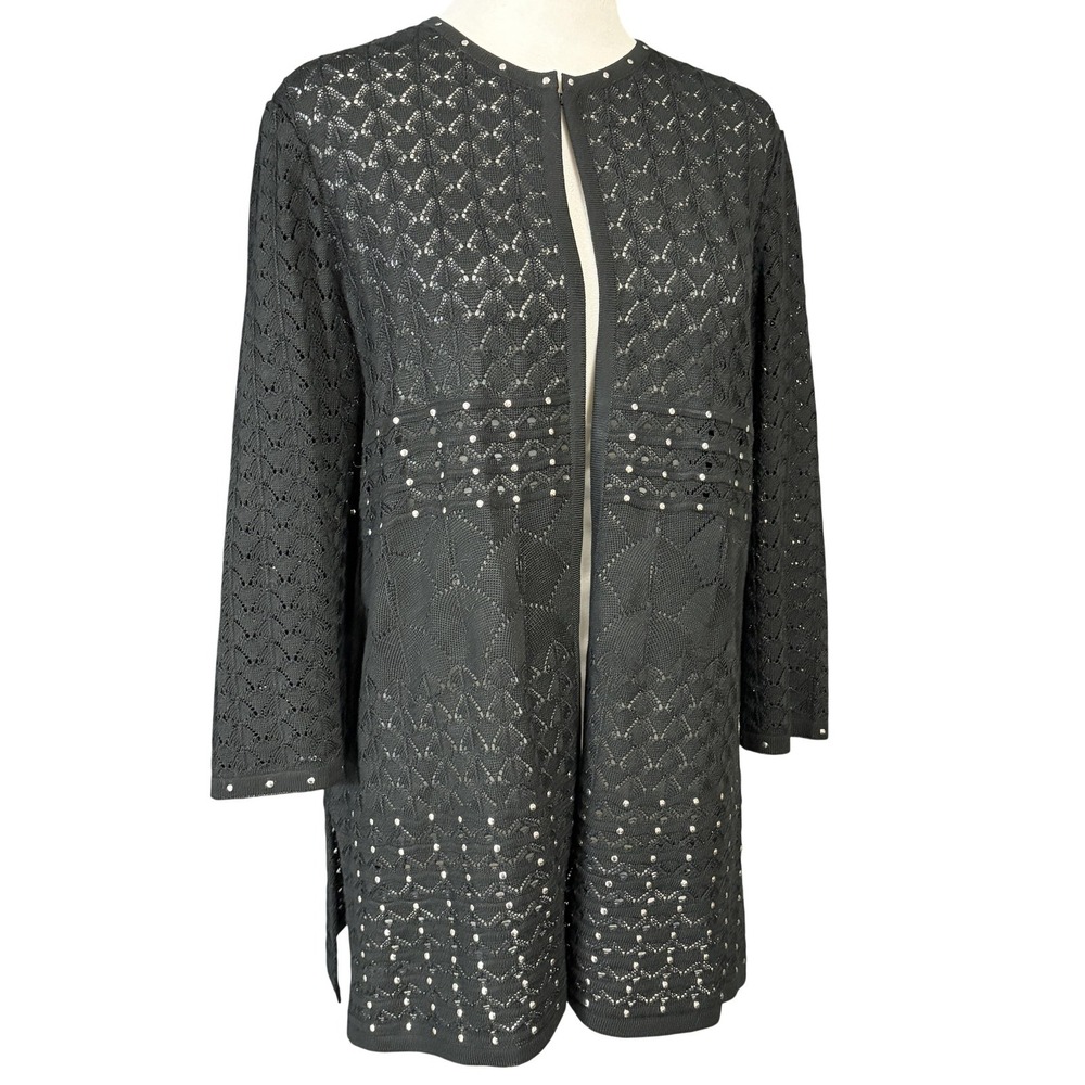 Ming Wang Cardigan Sweater Womens PM Black Longline Studded Open Knit 3/4 Sleeve